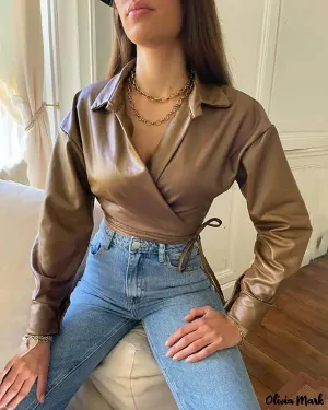 Xieyinshe - PU Leather Long Sleeve Top with Knot Detail