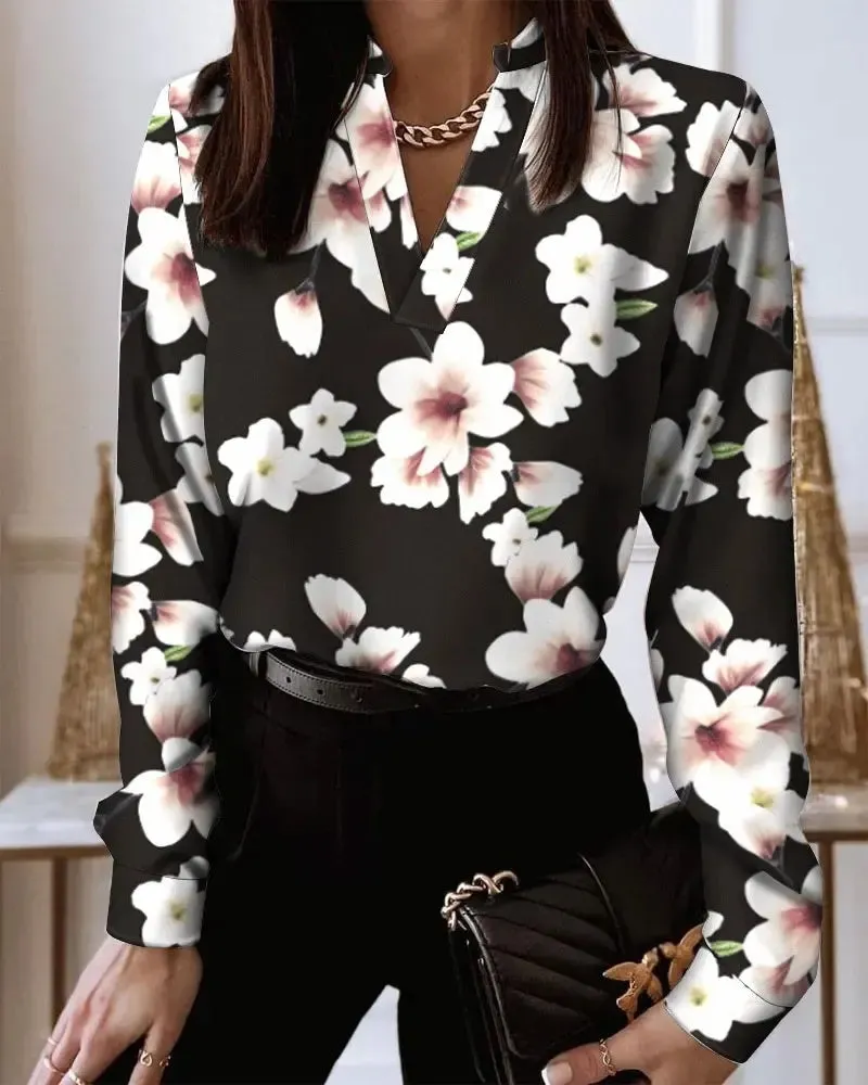 Xieyinshe - Relaxed Floral Print V-Neck Long Sleeve Top