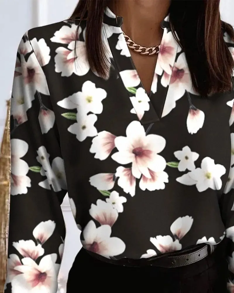 Xieyinshe - Relaxed Floral Print V-Neck Long Sleeve Top