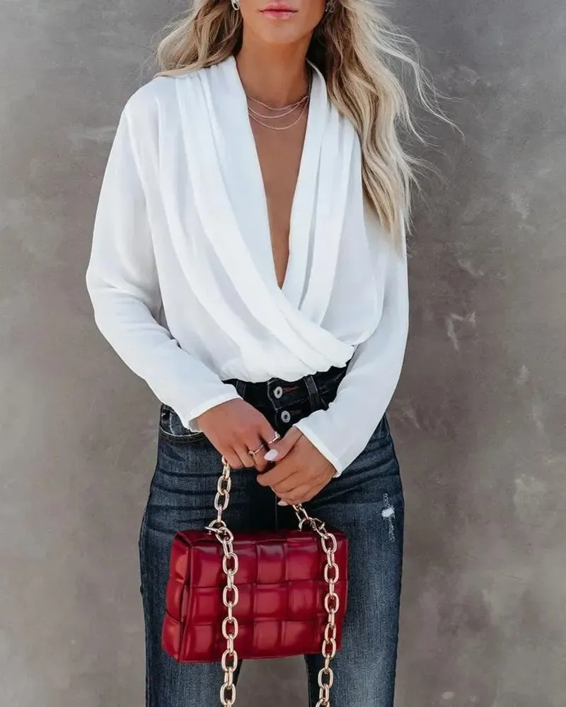 Xieyinshe - Ruched Cowl Neck Long Sleeve Top
