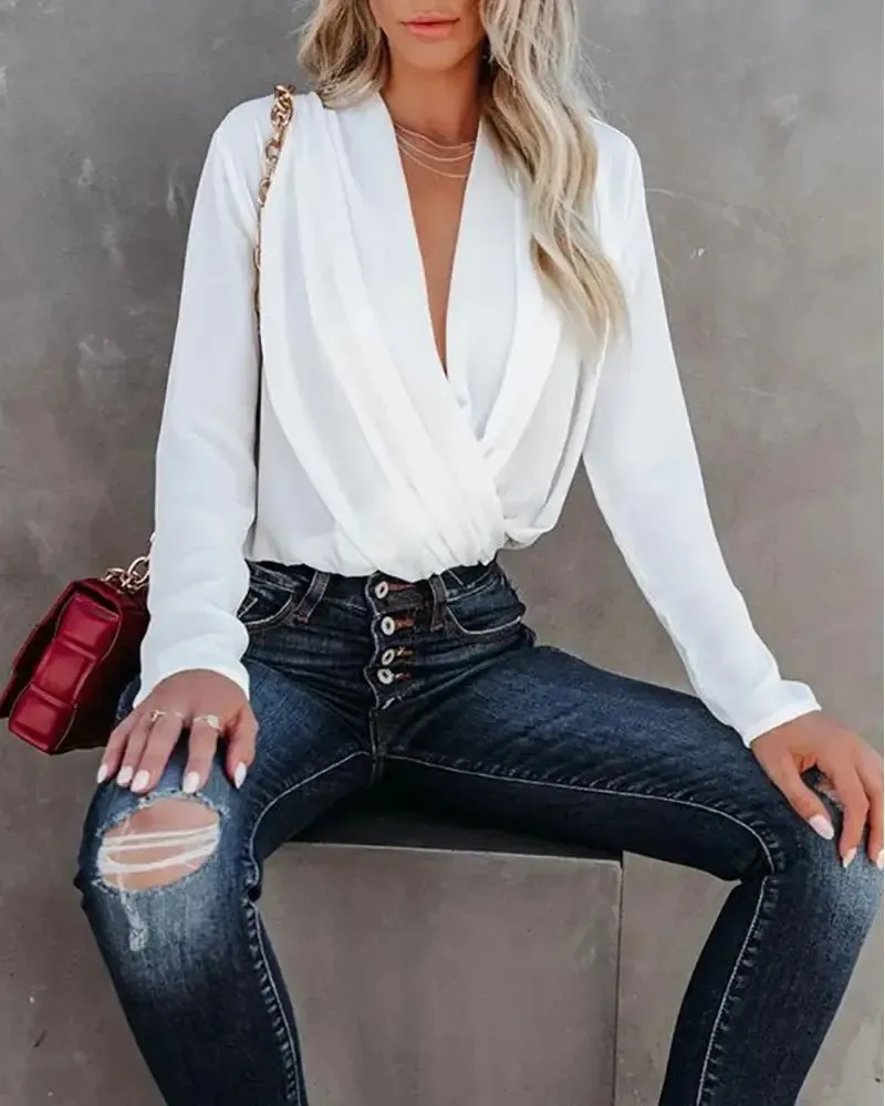 Xieyinshe - Ruched Cowl Neck Long Sleeve Top