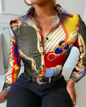 Xieyinshe - Scarf Print Button-Up Long Sleeve Shirt
