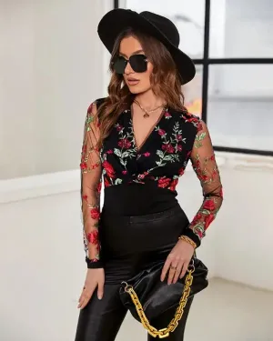 Xieyinshe - Sheer tulle long sleeve top with floral embroidery