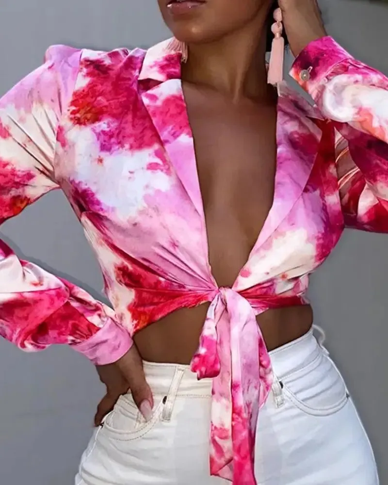 Xieyinshe - Tie-Dye Lapel Long Sleeve Top