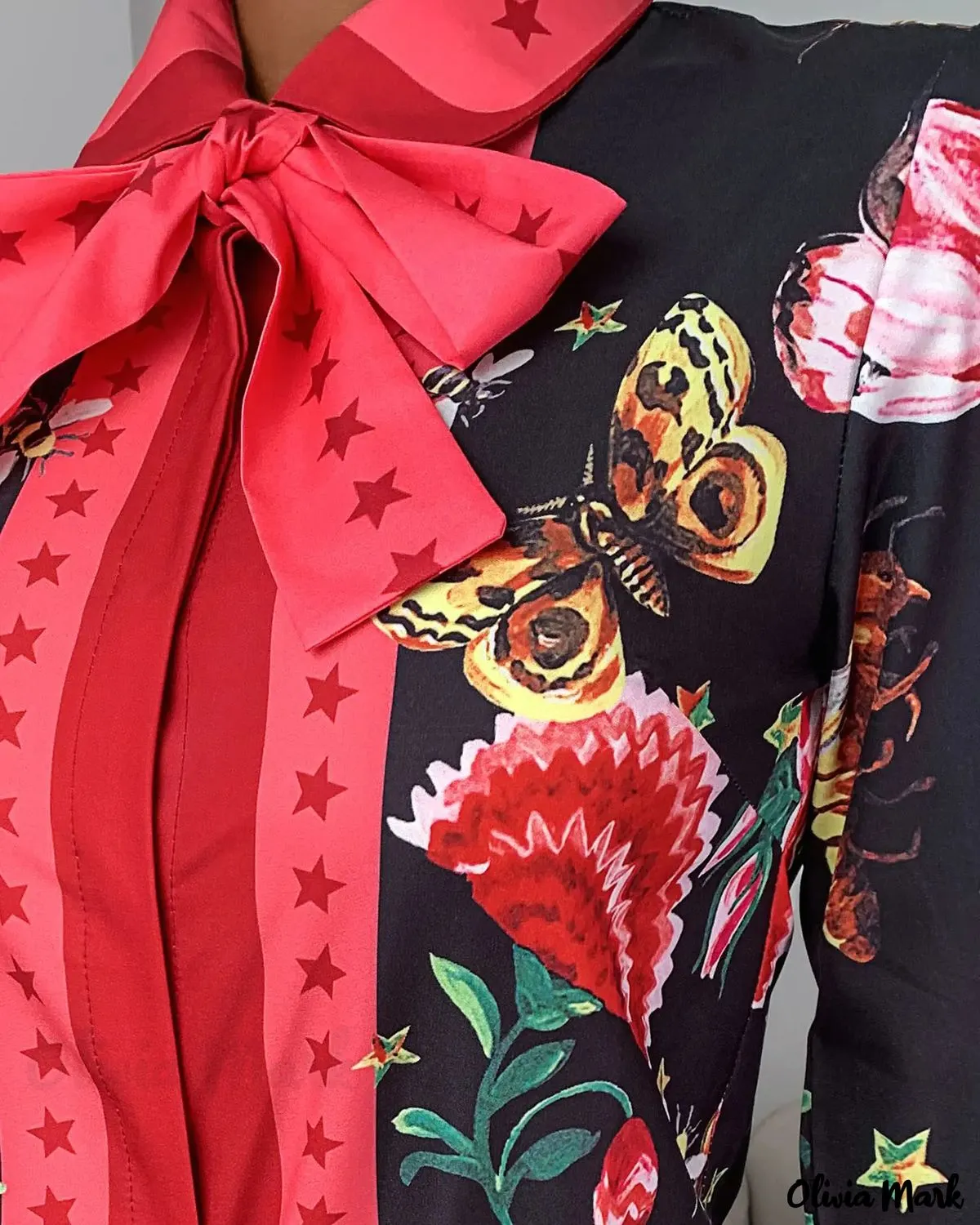 Xieyinshe - Tie Neck Butterfly Print Long Sleeve Top