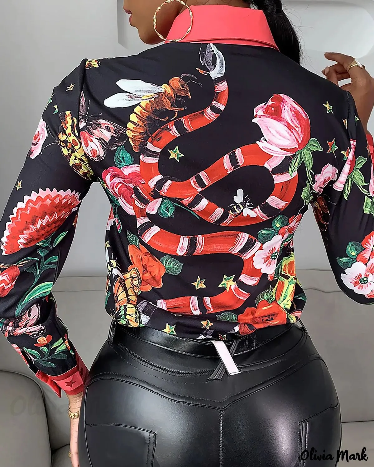 Xieyinshe - Tie Neck Butterfly Print Long Sleeve Top
