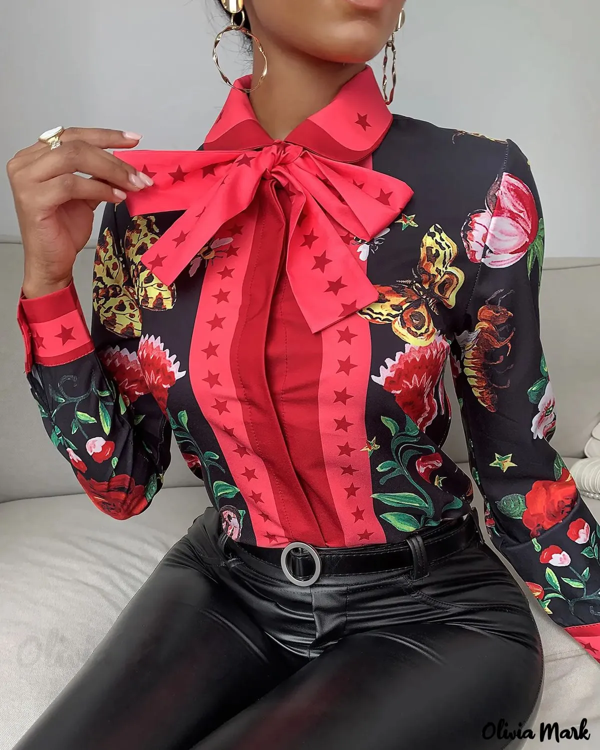 Xieyinshe - Tie Neck Butterfly Print Long Sleeve Top