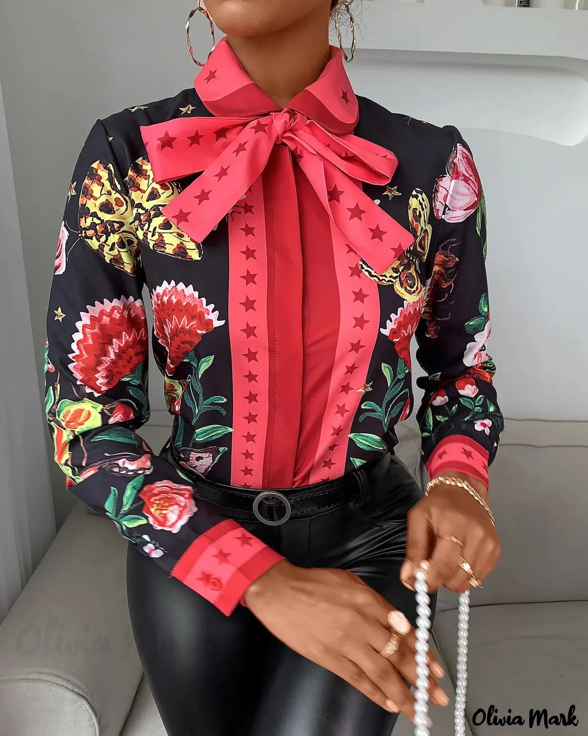 Xieyinshe - Tie Neck Butterfly Print Long Sleeve Top