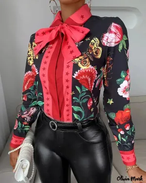 Xieyinshe - Tie Neck Butterfly Print Long Sleeve Top