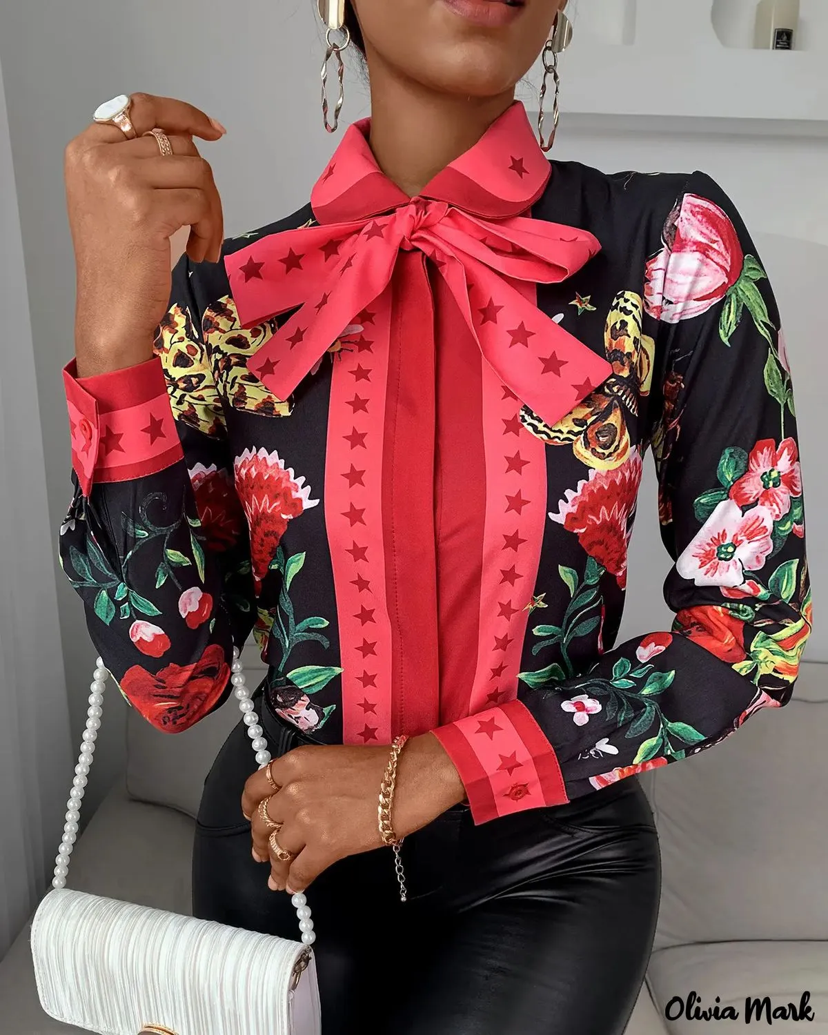 Xieyinshe - Tie Neck Butterfly Print Long Sleeve Top