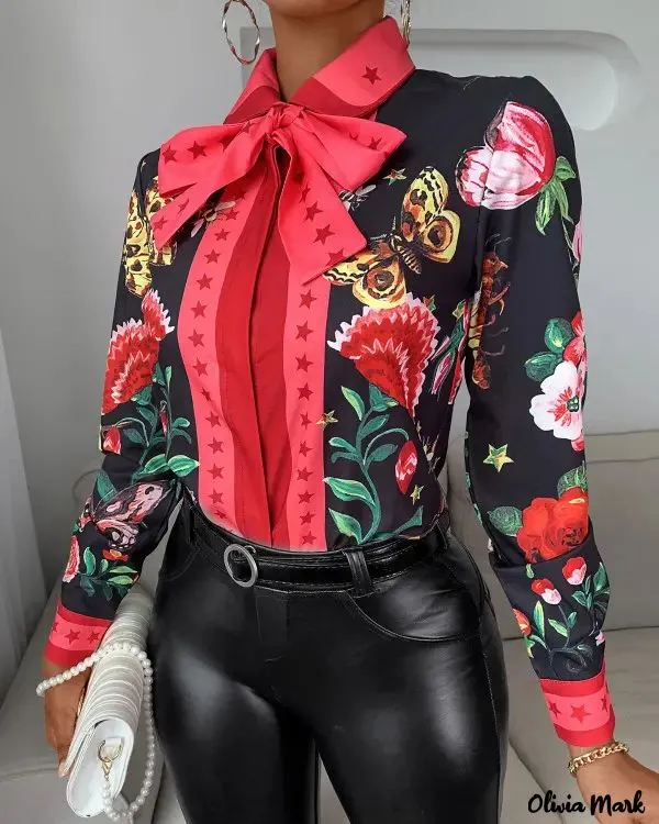 Xieyinshe - Tie Neck Butterfly Print Long Sleeve Top