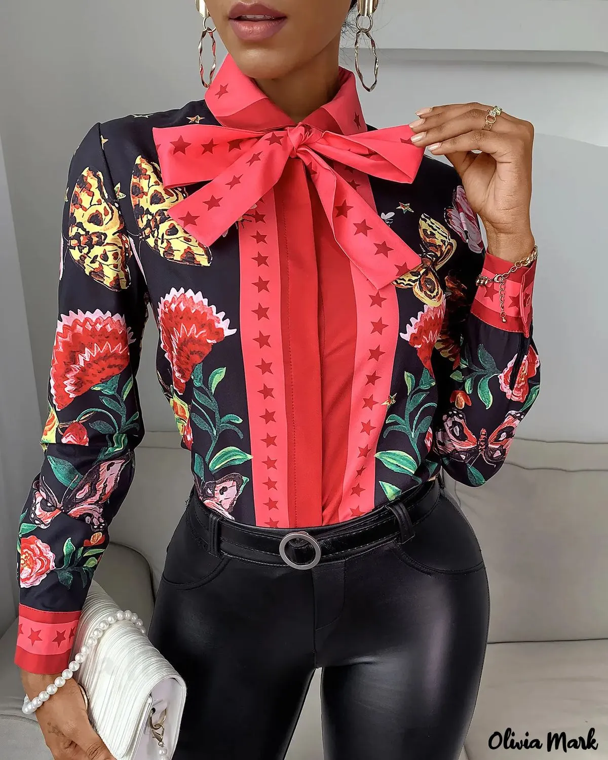 Xieyinshe - Tie Neck Butterfly Print Long Sleeve Top