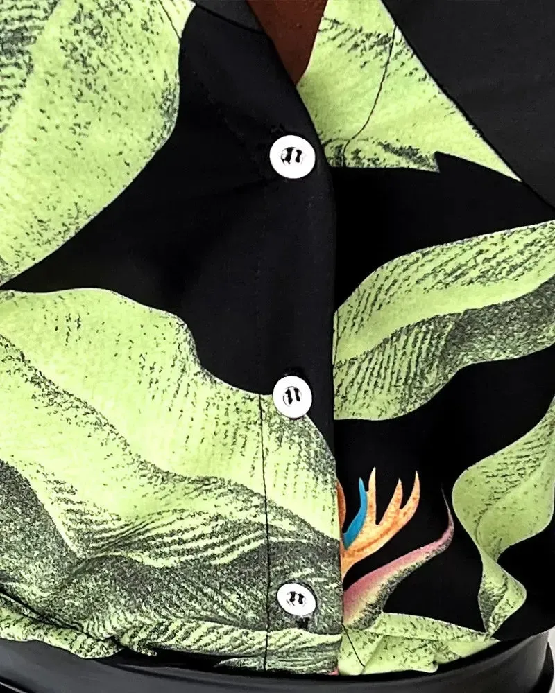 Xieyinshe - Tropical Print Long Sleeve Button Down Shirt