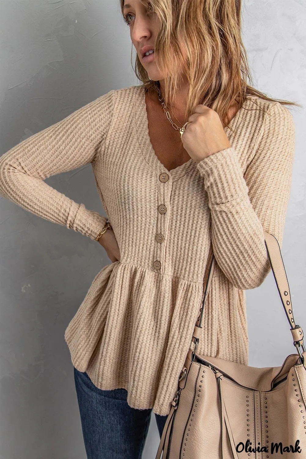 Xieyinshe - Waffle Knit Long Sleeve Buttoned V-Neck Top