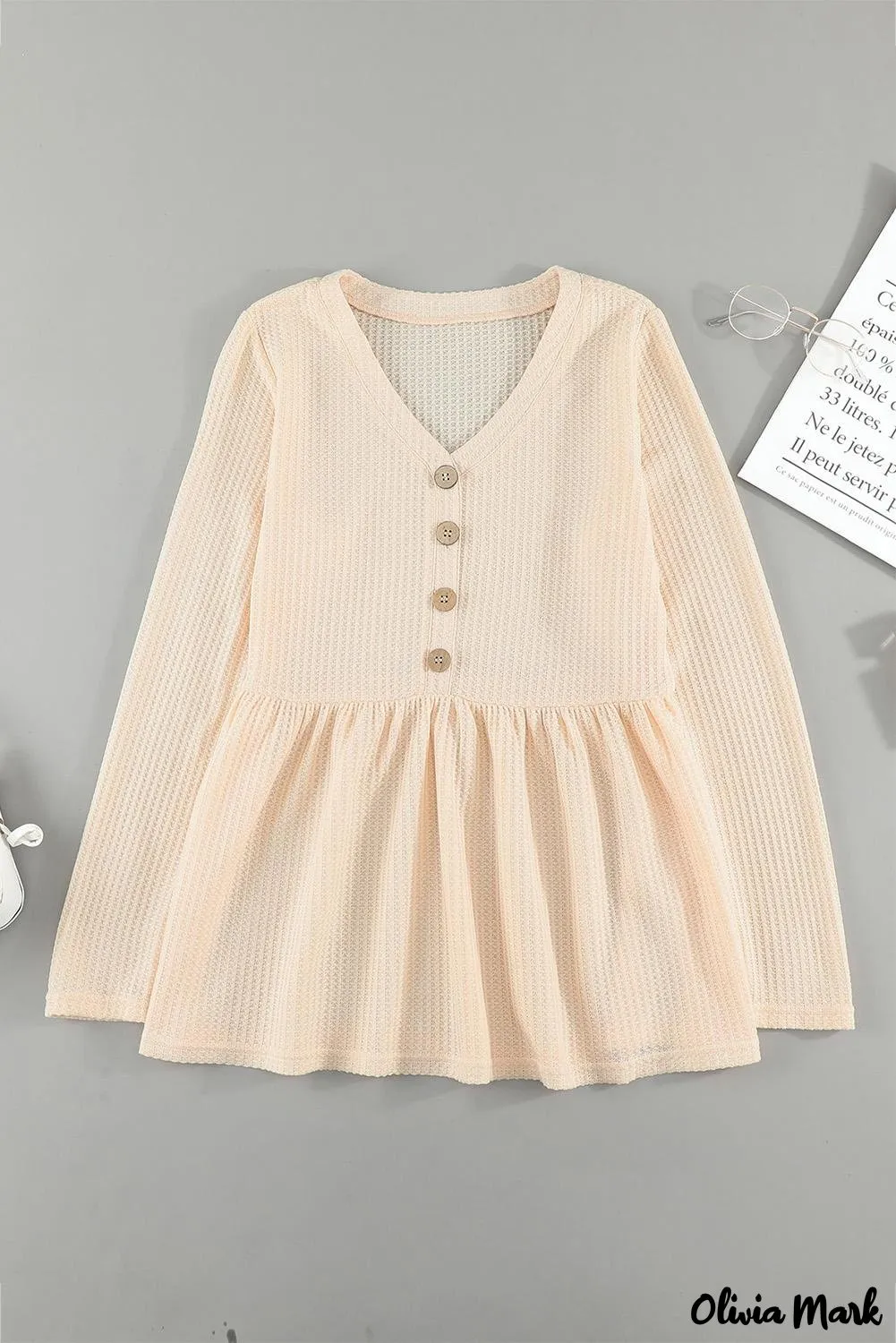Xieyinshe - Waffle Knit Long Sleeve Buttoned V-Neck Top