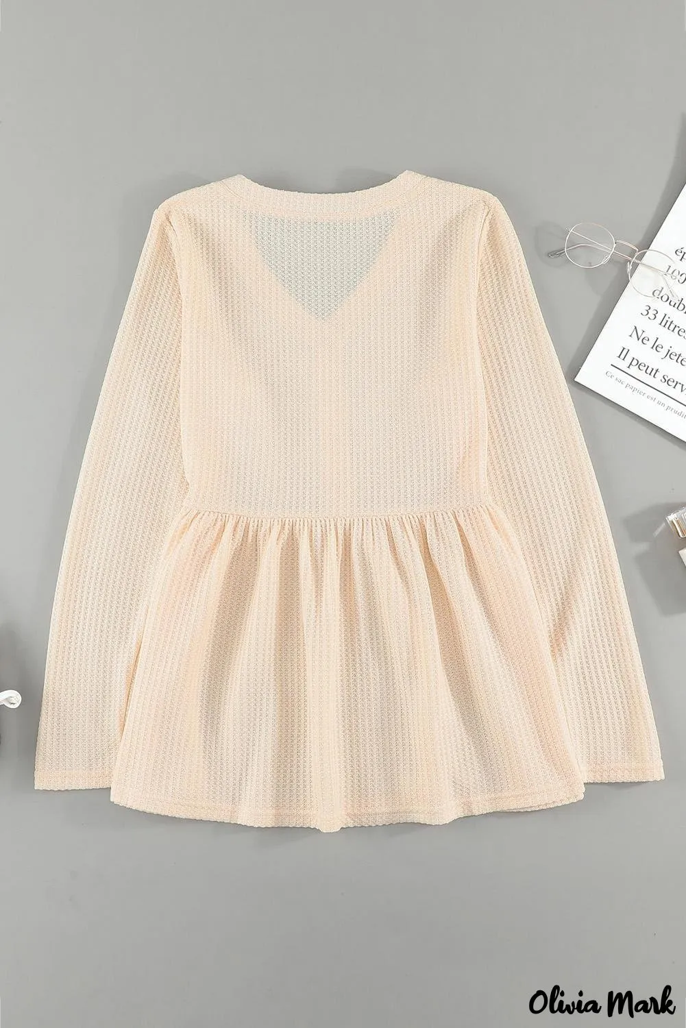 Xieyinshe - Waffle Knit Long Sleeve Buttoned V-Neck Top