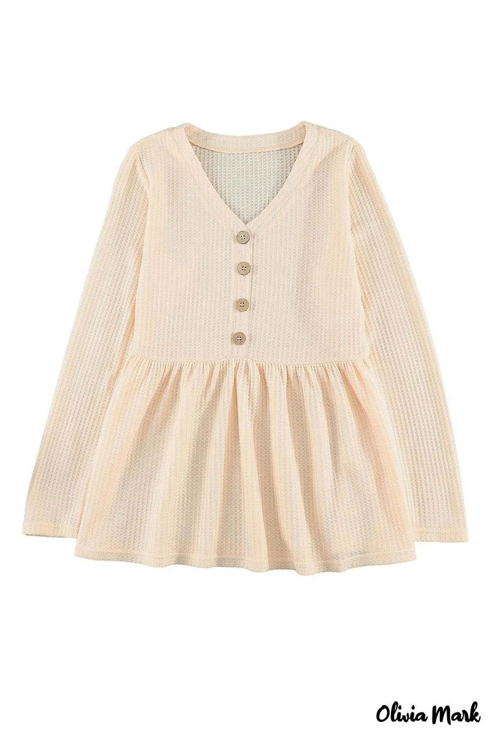 Xieyinshe - Waffle Knit Long Sleeve Buttoned V-Neck Top