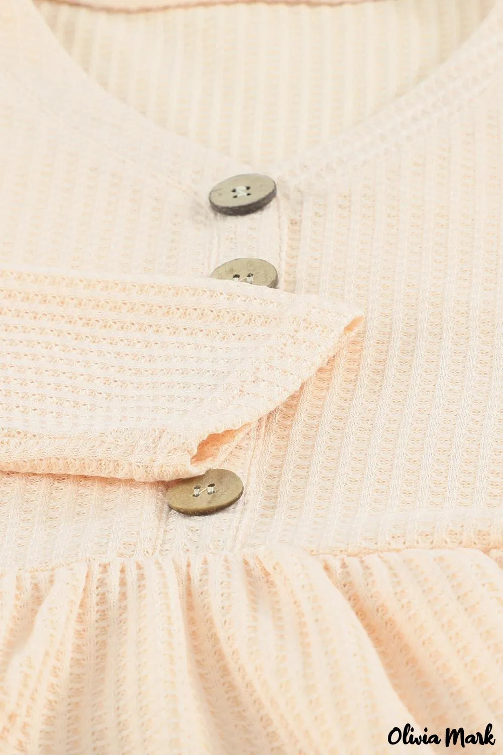 Xieyinshe - Waffle Knit Long Sleeve Buttoned V-Neck Top