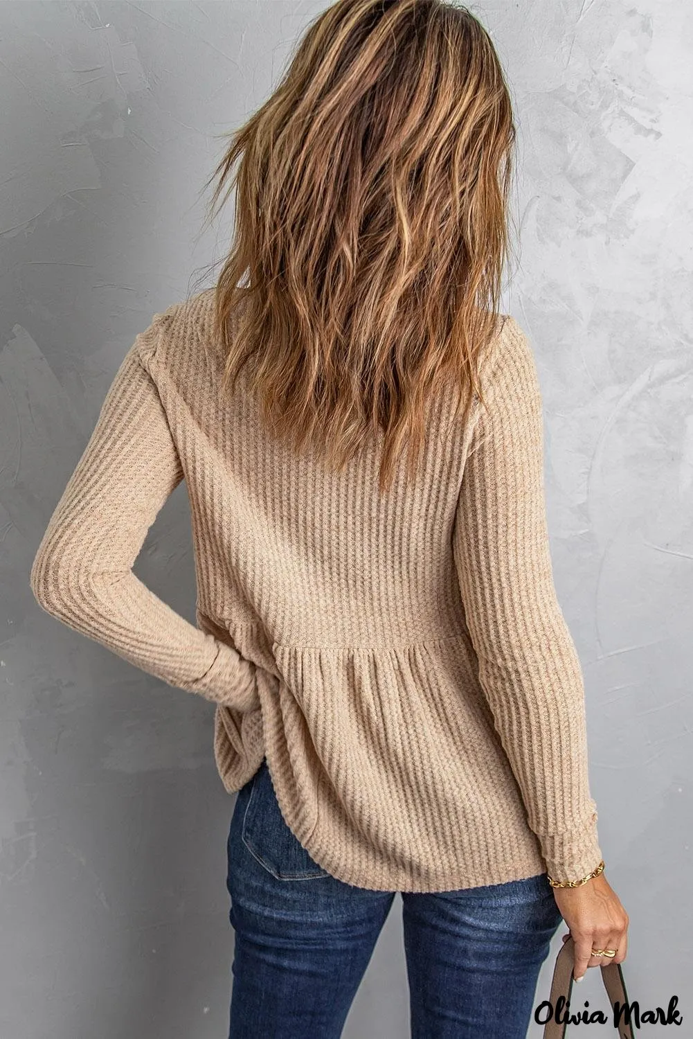Xieyinshe - Waffle Knit Long Sleeve Buttoned V-Neck Top
