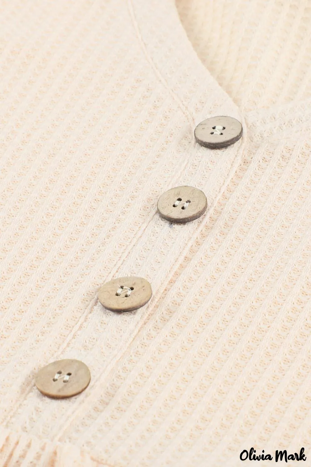 Xieyinshe - Waffle Knit Long Sleeve Buttoned V-Neck Top