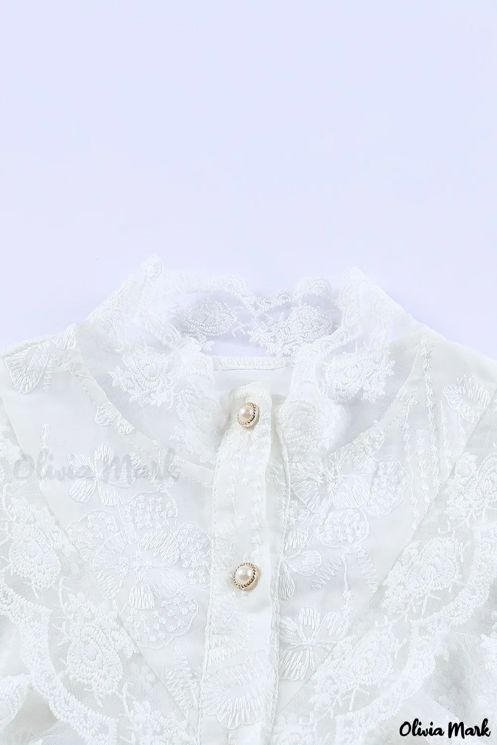 Xieyinshe - White Lace Embroidered Ruffled Button Down Long Sleeve Shirt