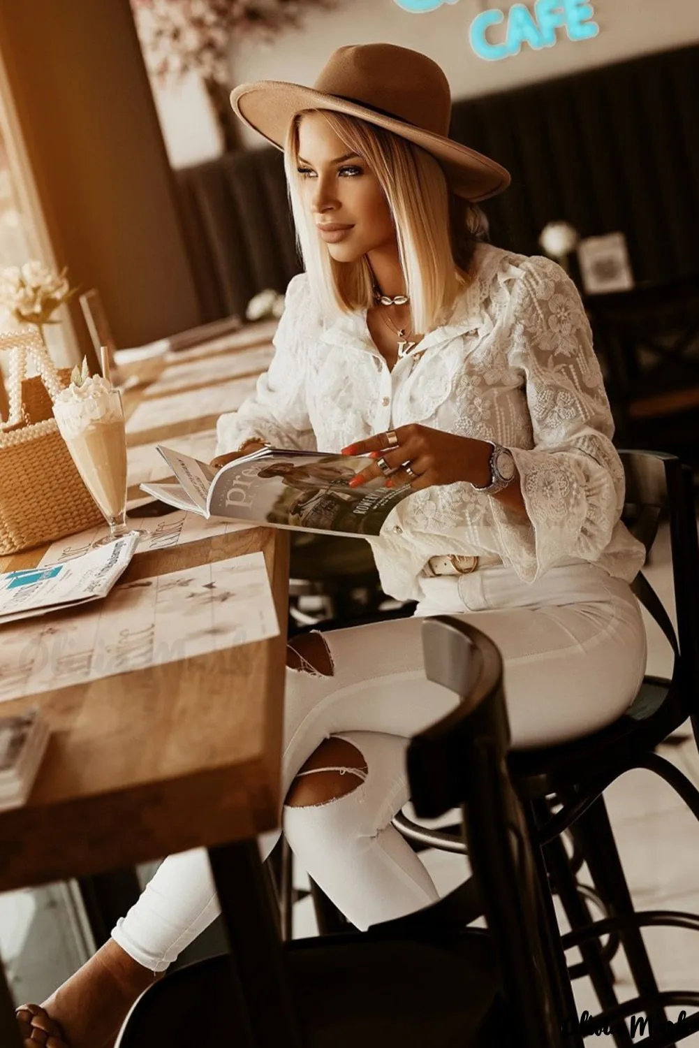 Xieyinshe - White Lace Embroidered Ruffled Button Down Long Sleeve Shirt