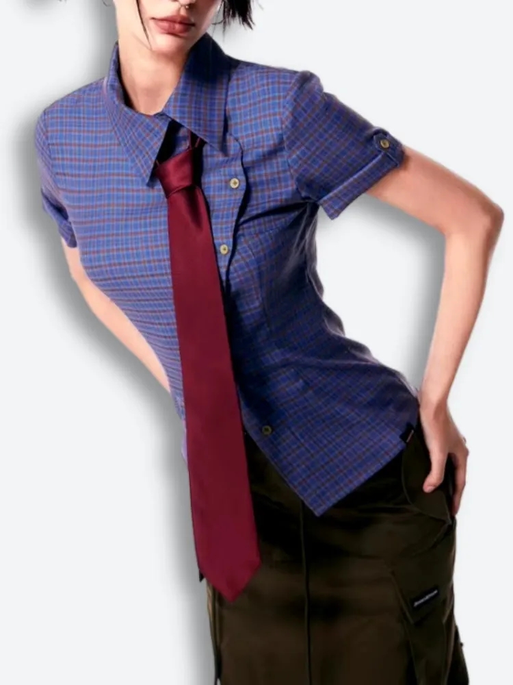 Y2K Asymmetric Button-Up Plaid Shirt