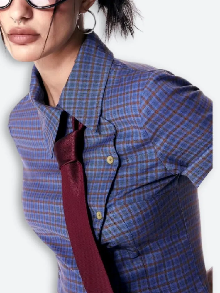 Y2K Asymmetric Button-Up Plaid Shirt