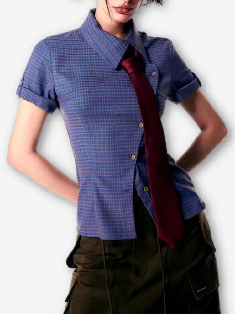 Y2K Asymmetric Button-Up Plaid Shirt