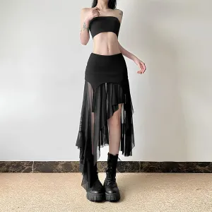 Y2K Harajuku Cyber Mesh Patchwork Irregular Hem Skirt