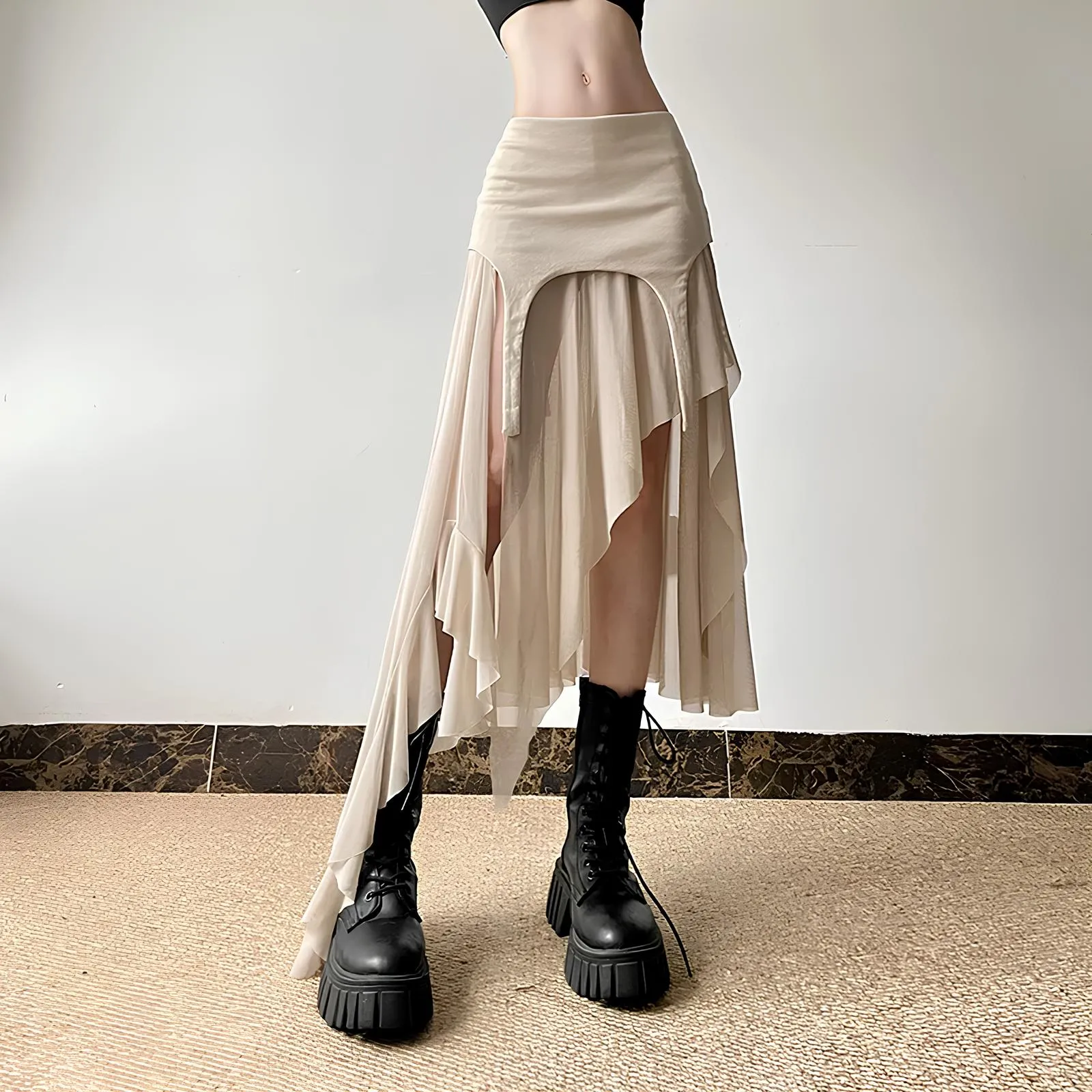 Y2K Harajuku Cyber Mesh Patchwork Irregular Hem Skirt