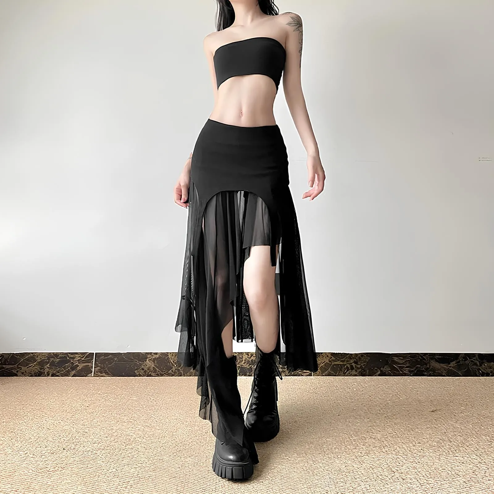 Y2K Harajuku Cyber Mesh Patchwork Irregular Hem Skirt