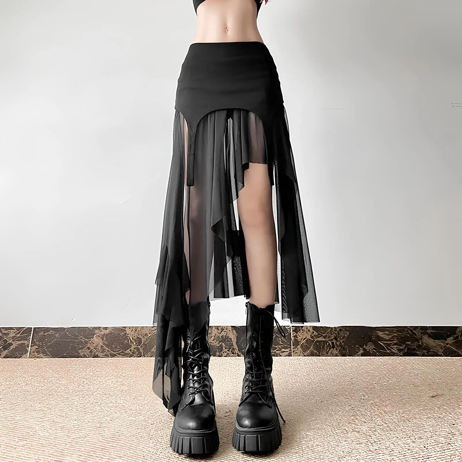 Y2K Harajuku Cyber Mesh Patchwork Irregular Hem Skirt