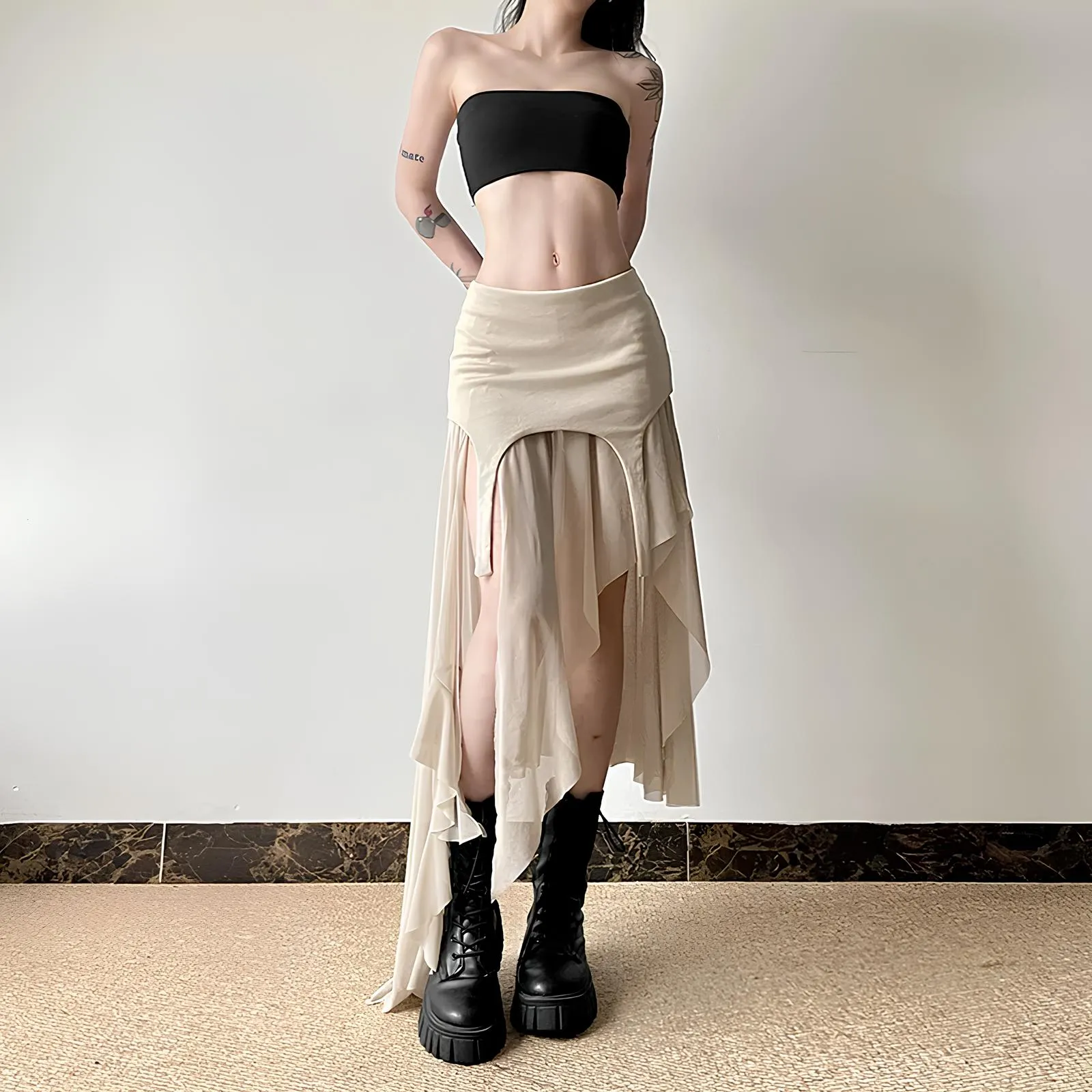 Y2K Harajuku Cyber Mesh Patchwork Irregular Hem Skirt