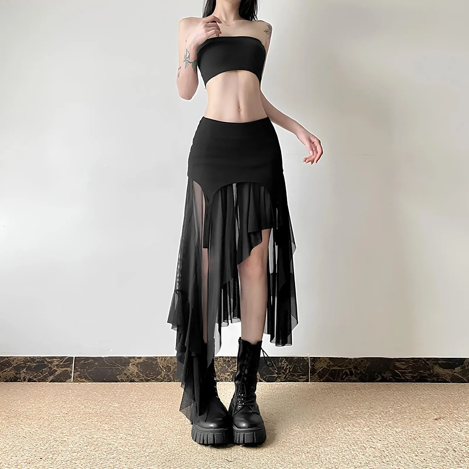 Y2K Harajuku Cyber Mesh Patchwork Irregular Hem Skirt
