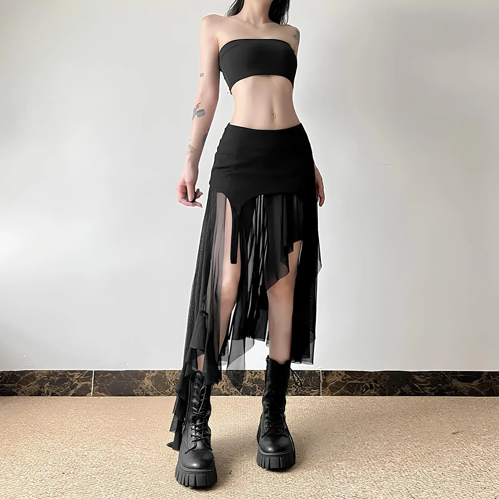 Y2K Harajuku Cyber Mesh Patchwork Irregular Hem Skirt