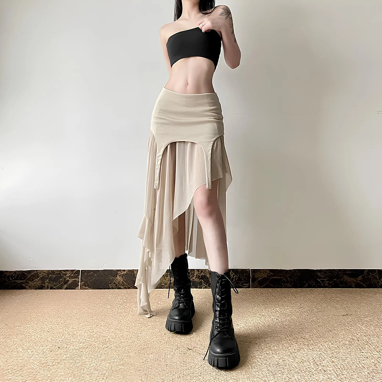Y2K Harajuku Cyber Mesh Patchwork Irregular Hem Skirt