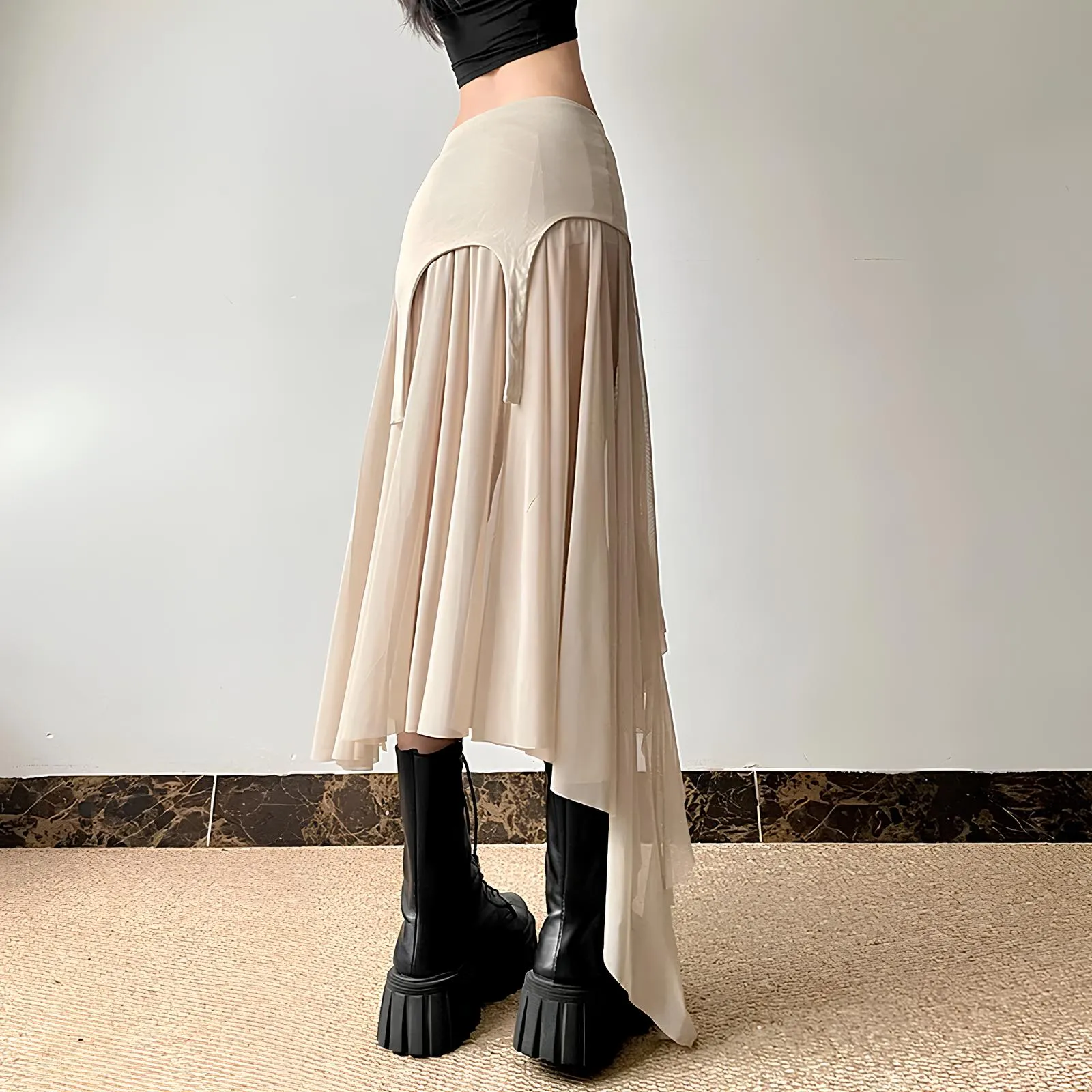 Y2K Harajuku Cyber Mesh Patchwork Irregular Hem Skirt