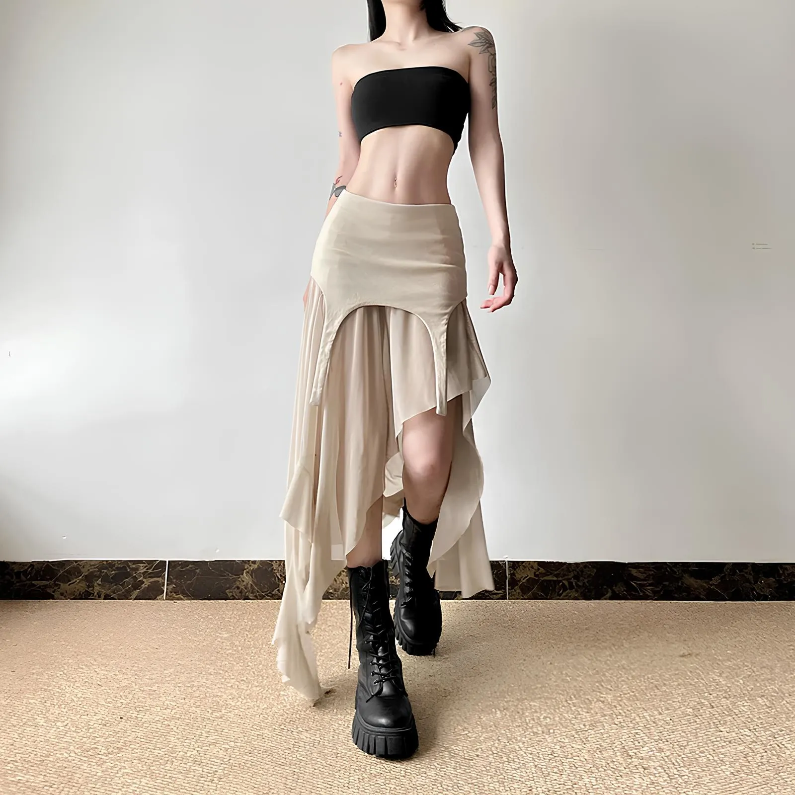 Y2K Harajuku Cyber Mesh Patchwork Irregular Hem Skirt
