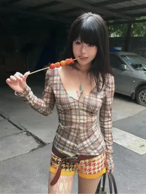 Y2K Plaid Blouse Top