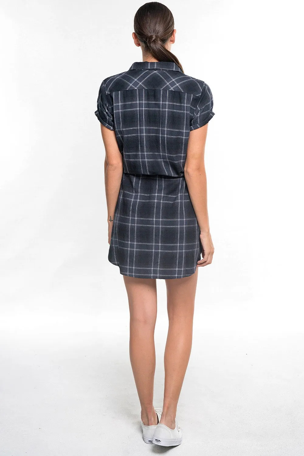Yarn-Dye Plaid Collared Button Up Mini Shirt Dress