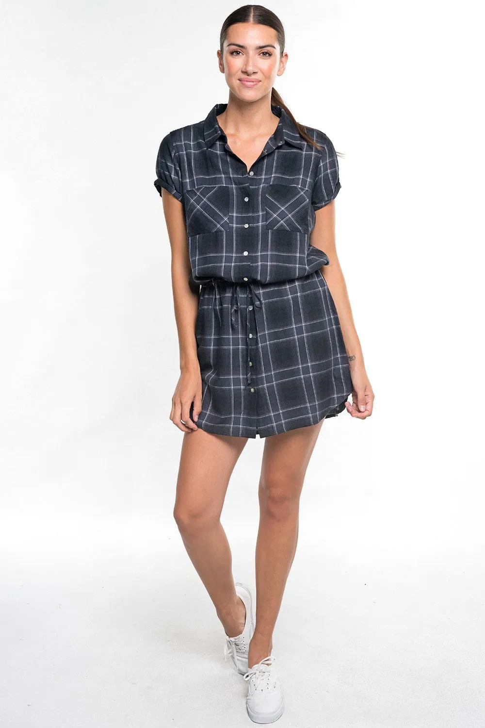 Yarn-Dye Plaid Collared Button Up Mini Shirt Dress