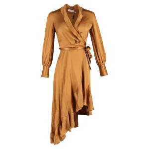 Zimmermann Asymmetric Ruffled Washed-Wrap Dress In Bronze Silk