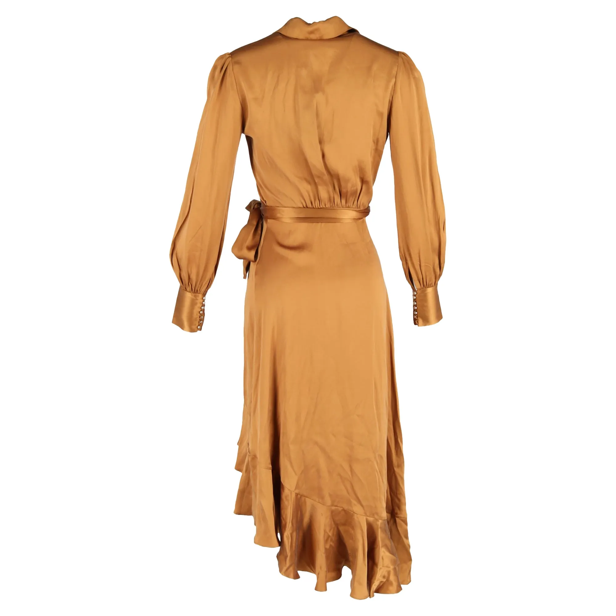Zimmermann Asymmetric Ruffled Washed-Wrap Dress In Bronze Silk