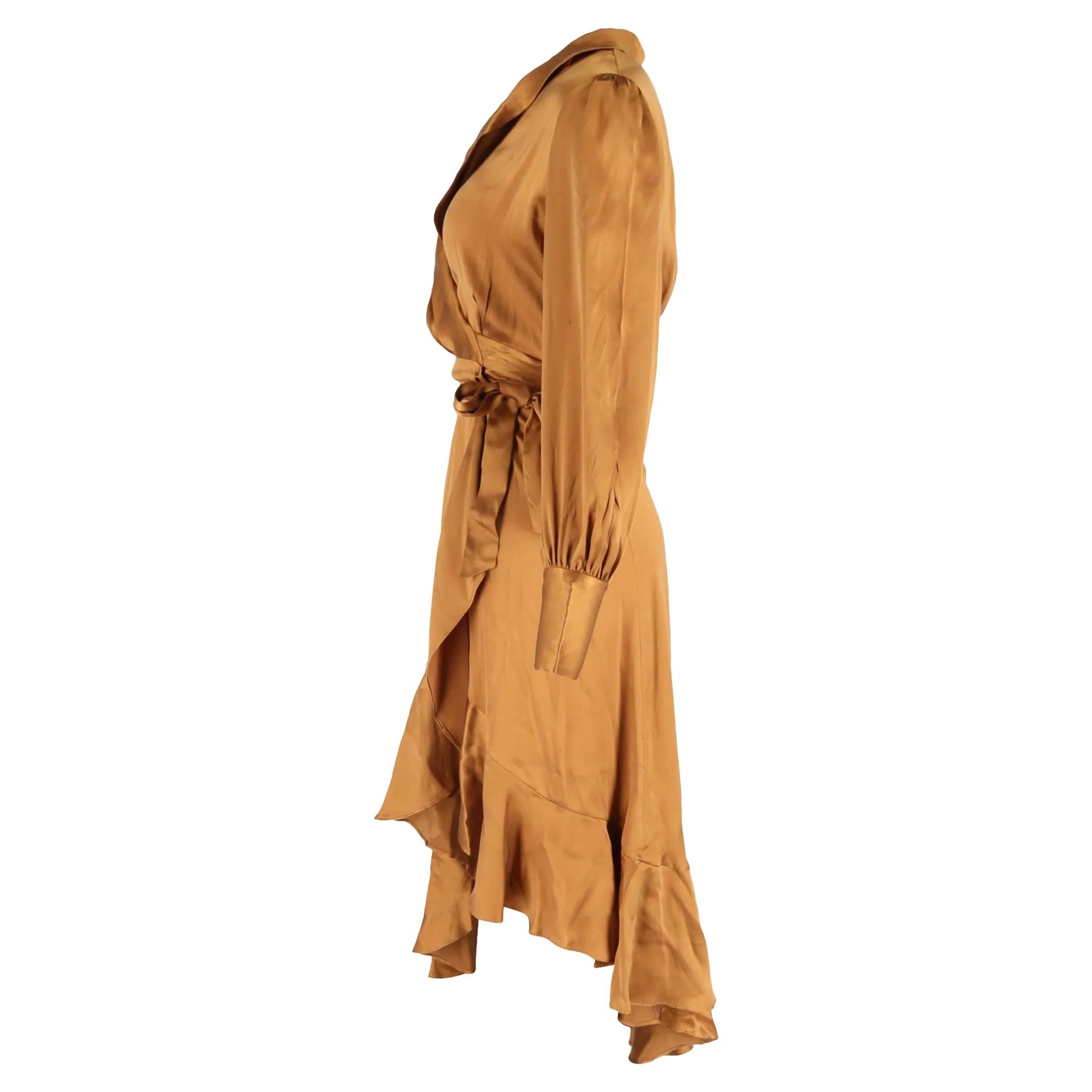 Zimmermann Asymmetric Ruffled Washed-Wrap Dress In Bronze Silk