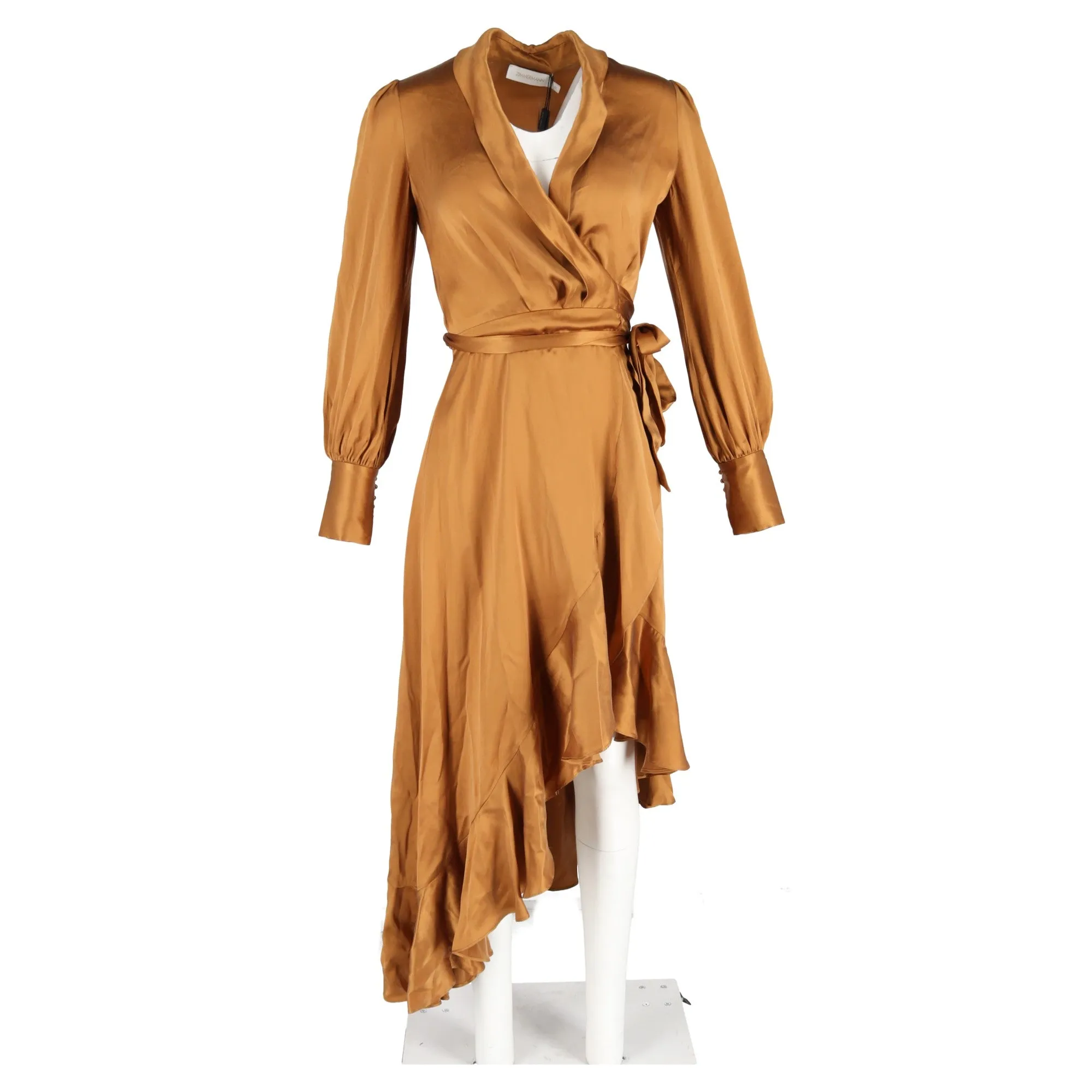 Zimmermann Asymmetric Ruffled Washed-Wrap Dress In Bronze Silk