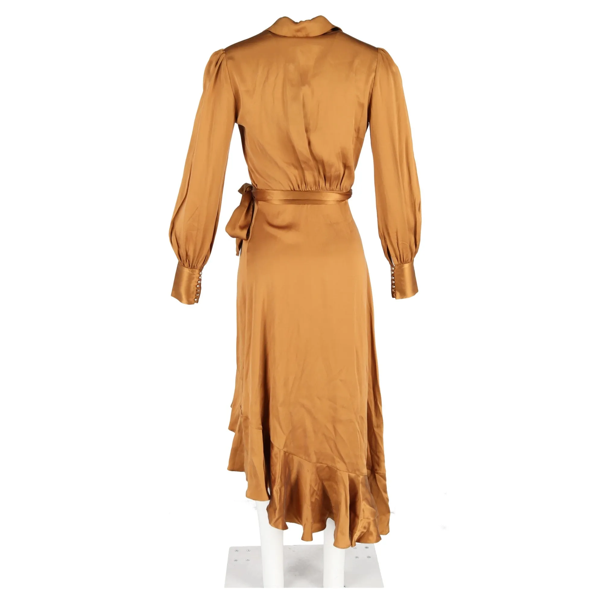 Zimmermann Asymmetric Ruffled Washed-Wrap Dress In Bronze Silk
