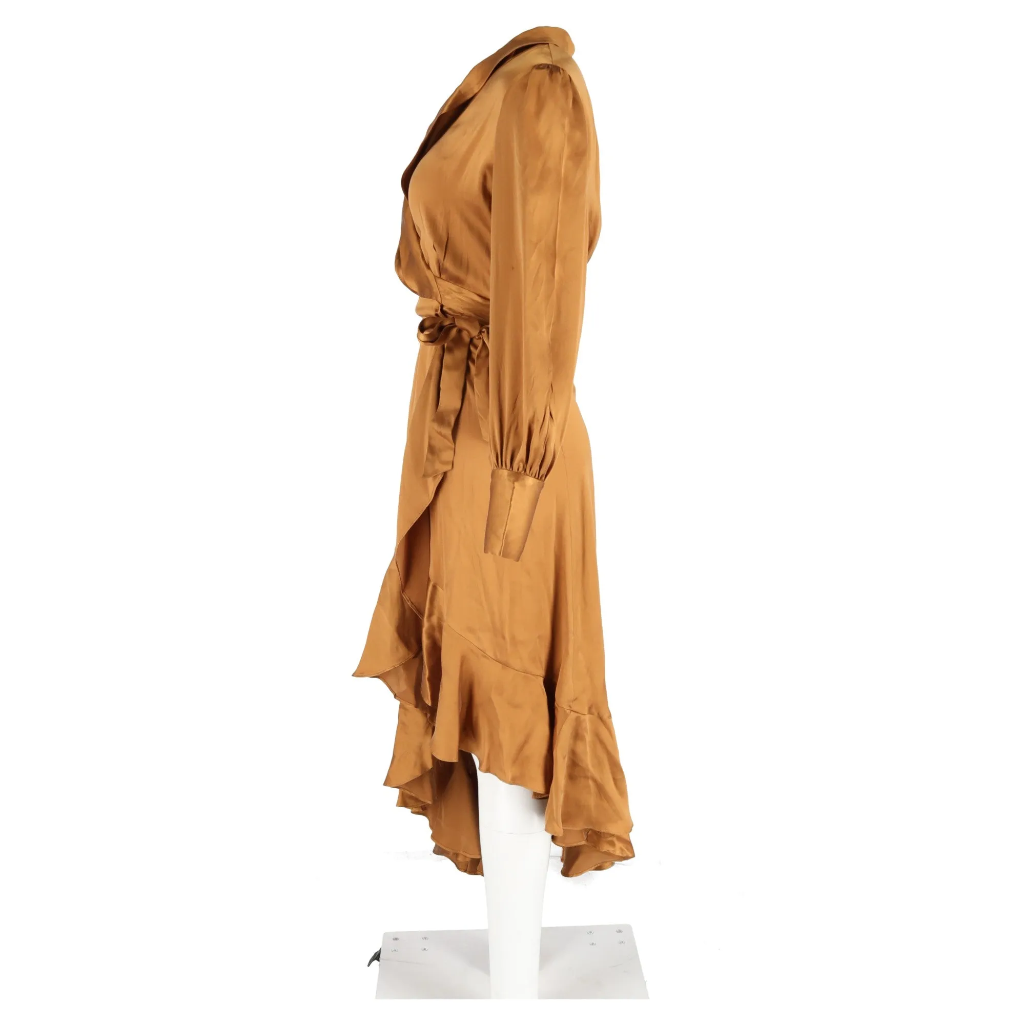 Zimmermann Asymmetric Ruffled Washed-Wrap Dress In Bronze Silk