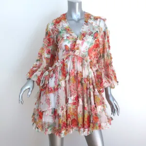 Zimmermann Ruffled Mini Dress Mae Floral Print Silk Chiffon Size 0P Long Sleeve