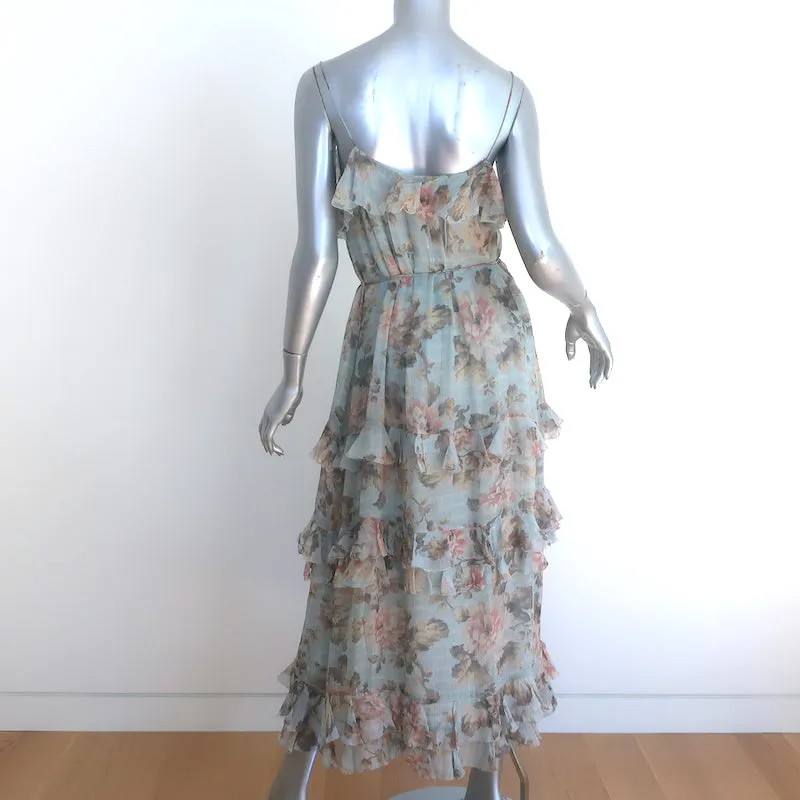 Zimmermann Tempest Frolic Ruffled Midi Dress Blue Floral Print Silk Size 1